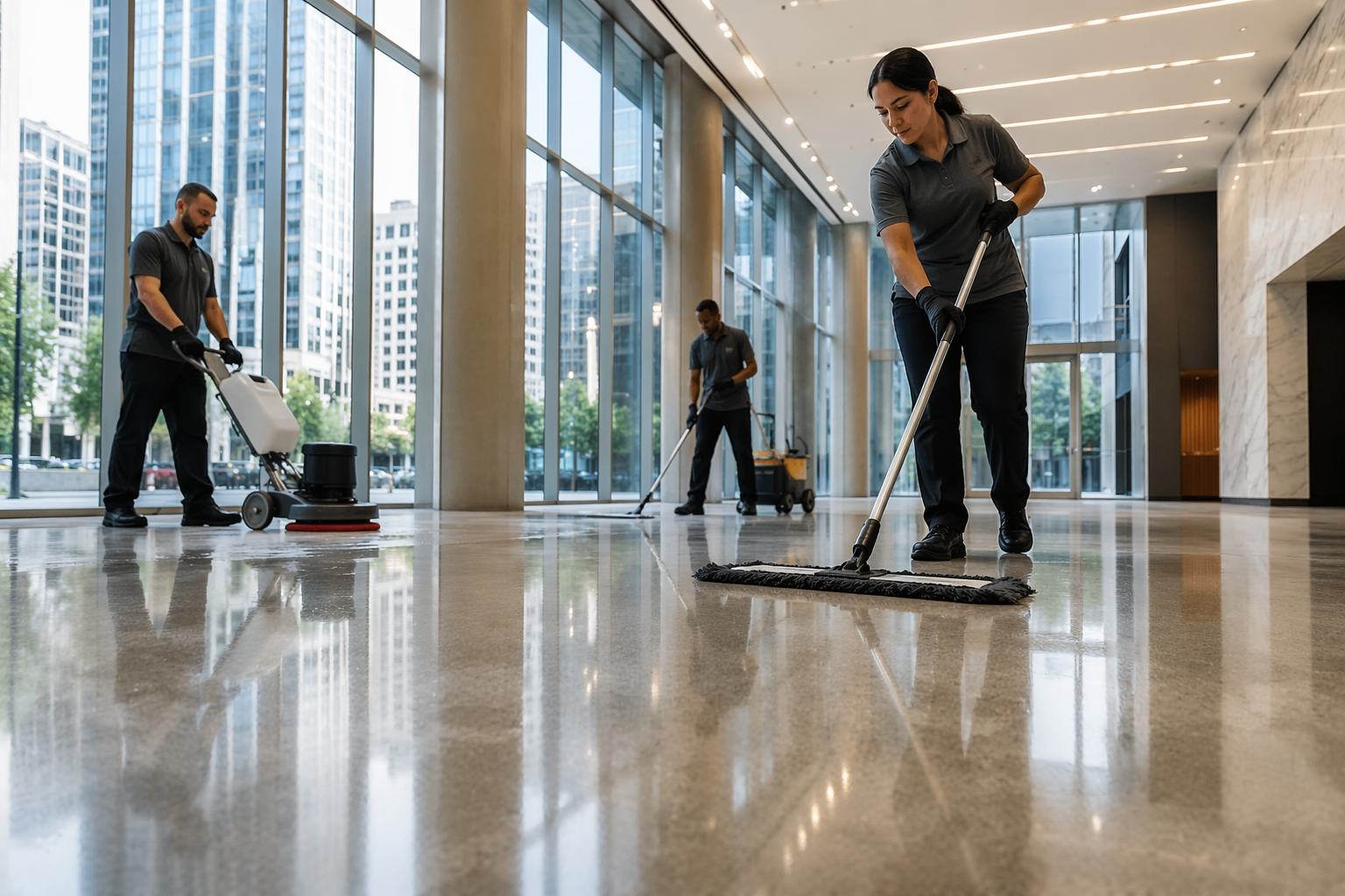 Busy crew maintaining a sleek atrium
